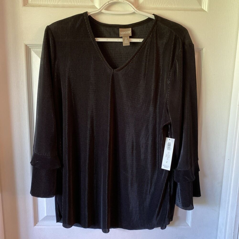 Chico’s Blouse Women’s Size 2 V Neck Ruffle Sleeve Black 3/4 Sleeve NWT